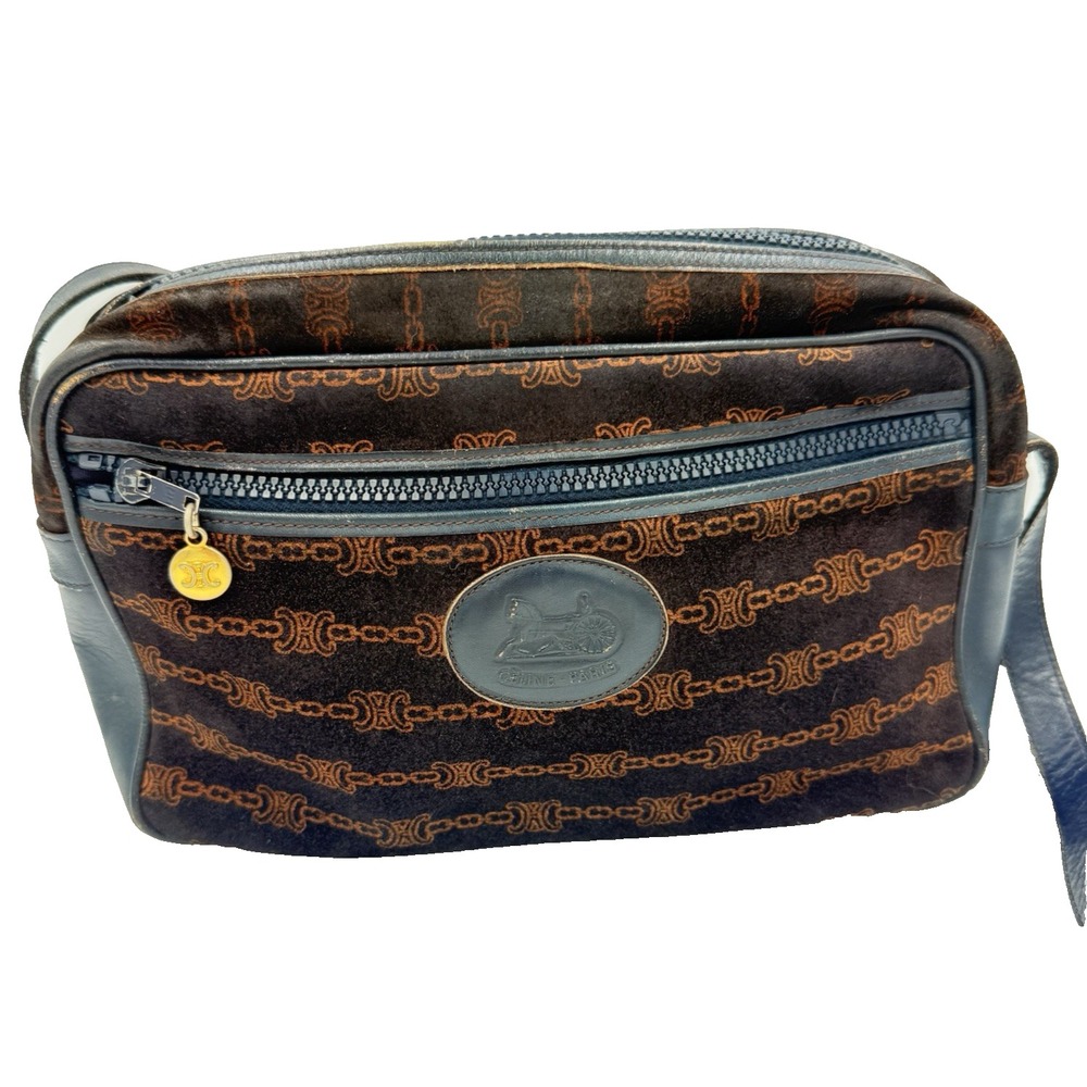 Vintage CELINE C Macadam Suede Crossbody Shoulder Bag Brown Leather Italy